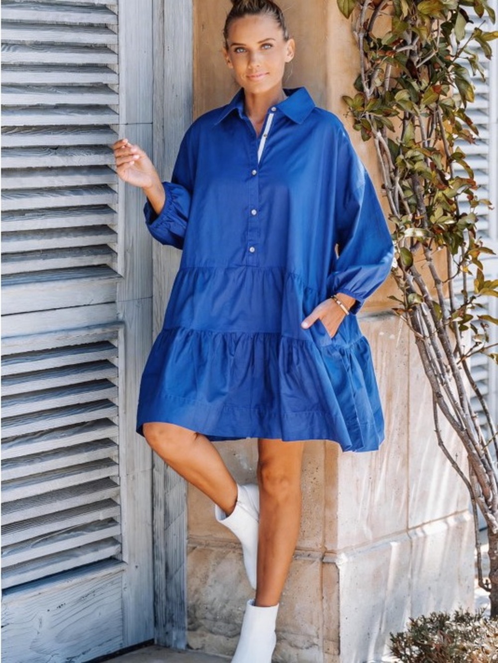 Women's Royal Blue Tiered Shirt Mini Dress with pockets - Picture 2 of 2